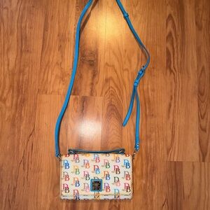 Dooney & Bourke Multicolor Logo Crossbody with Bright Blue Strap